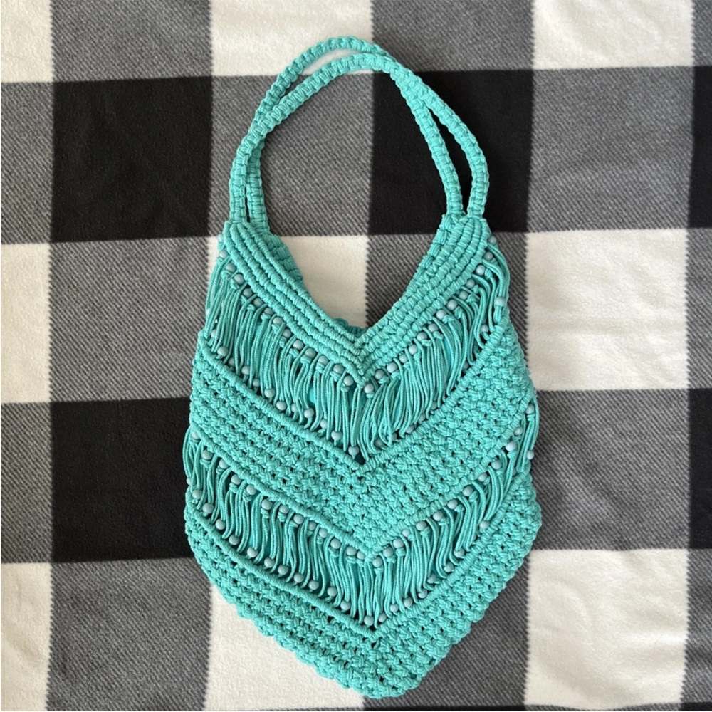 Aqua Macrame Shoulder Bag Purse with Beads summer Boho Festival Made in India